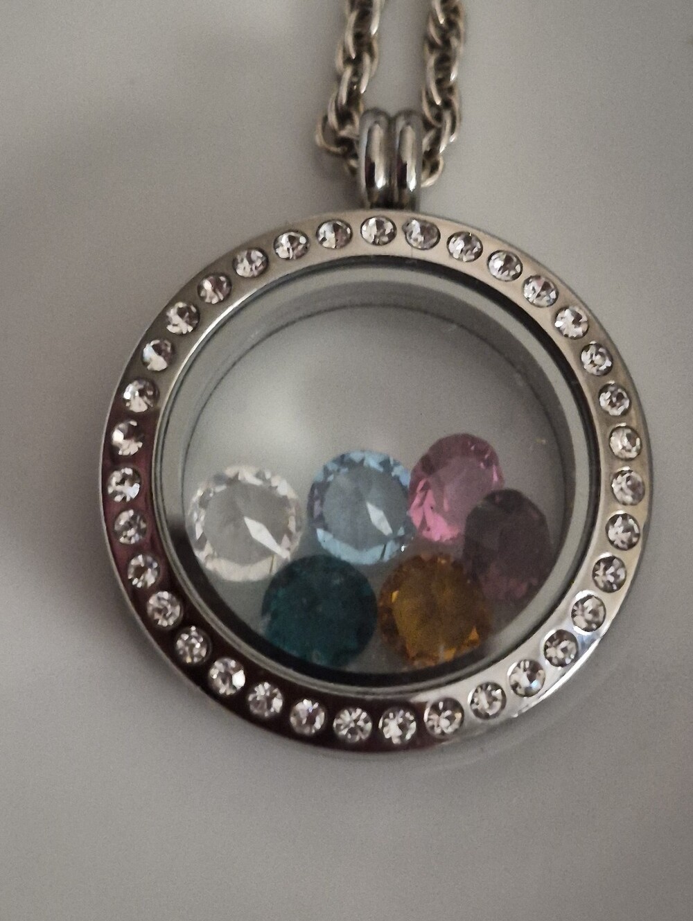 Stainless Steel Floating Multi Colored Crystal Birthstone Charm Locket Necklace